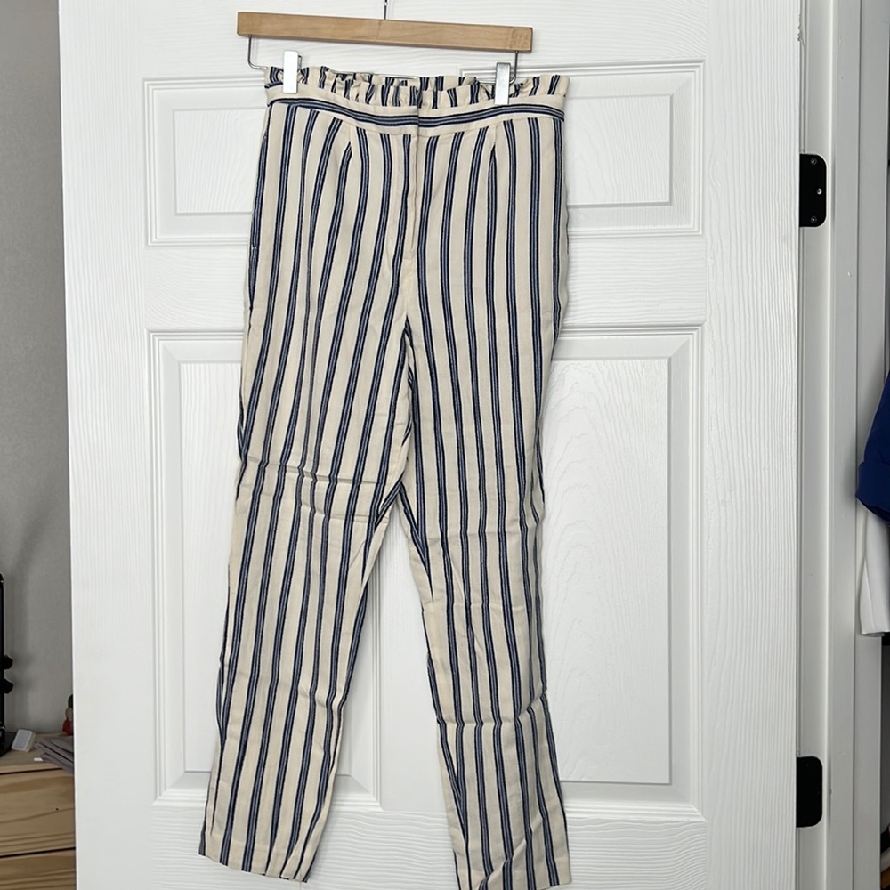 Express paper bag embroidered ankle pants in cream and blue